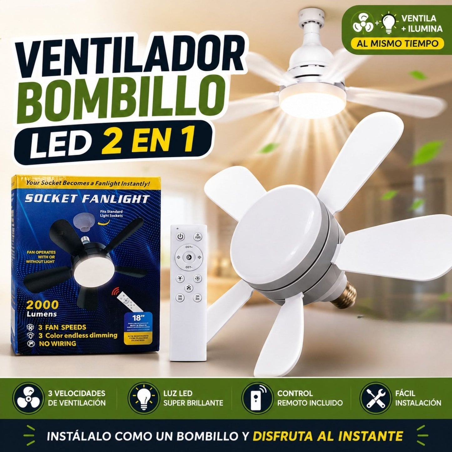 Ventilador Bombillo LED 2 en 1